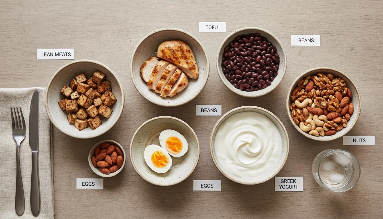 Professional overhead view of varied protein sources arranged on a neutral-toned table