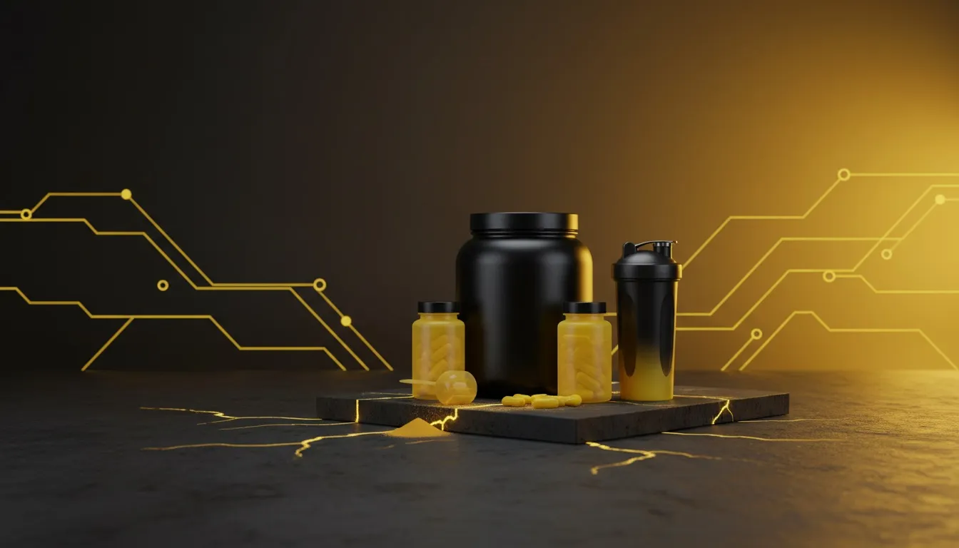 Professional neutral display of core recovery supplements on a gym bench