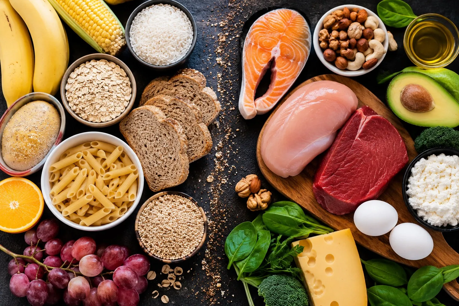 A top-down flat lay of healthy foods representing carbohydrates and macronutrients arranged on a dark textured background. The image includes fruits, oats, bread, rice, pasta, and quinoa on one side, with salmon, chicken, beef, eggs, avocado, nuts, cheese, spinach, and olive oil on the other, visually comparing carbs with protein and healthy fats in a balanced nutrition concept.