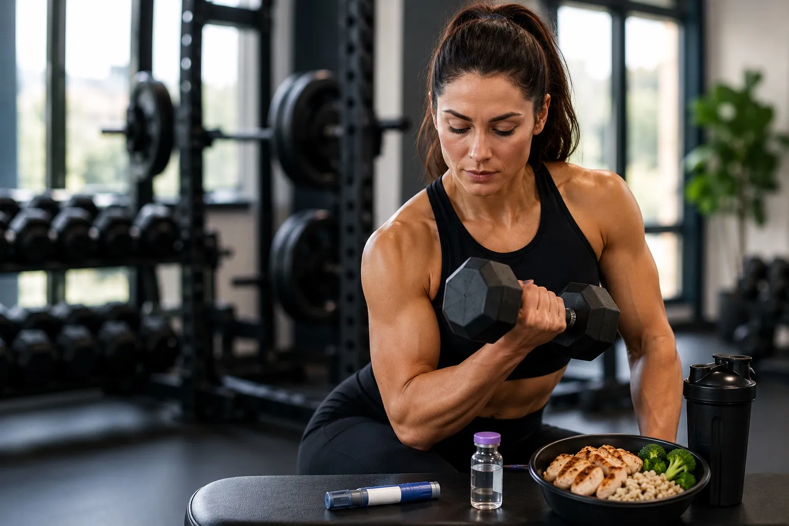 Athletic woman performing a dumbbell curl in a modern gym while seated beside a protein-rich meal, shaker bottle, and GLP-1 medication injector, illustrating the relationship between strength training, nutrition, and weight-loss medications for muscle preservation and fitness goals.