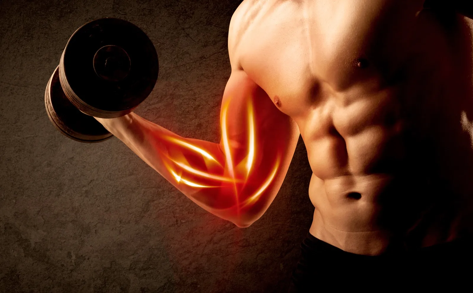 Fit bodybuilder lifting weight with red muscle