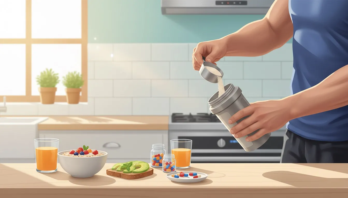 A close-up of an athlete’s hands preparing workout supplements and vitamins alongside a balanced breakfast, with a bright, inviting kitchen background.