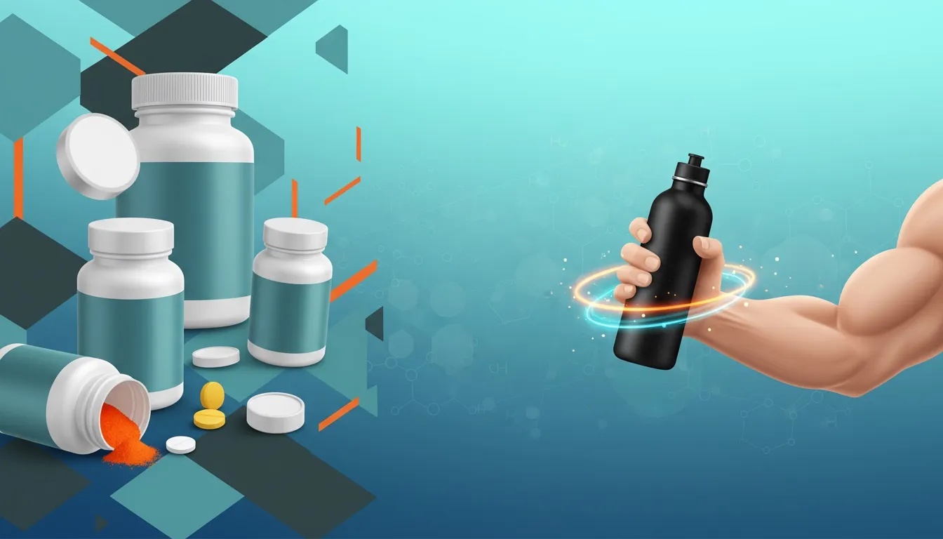 Gym scene with vitamin bottles, water, and workout notebook